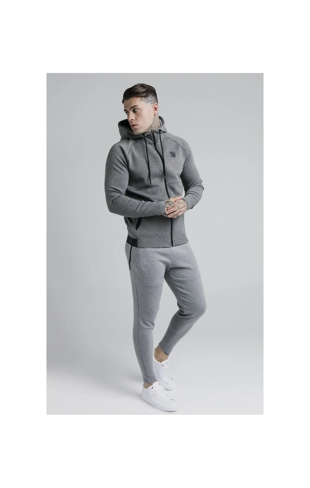 SikSilk Exhibit Zip Through Hoodie - Grey Marl - Image 6