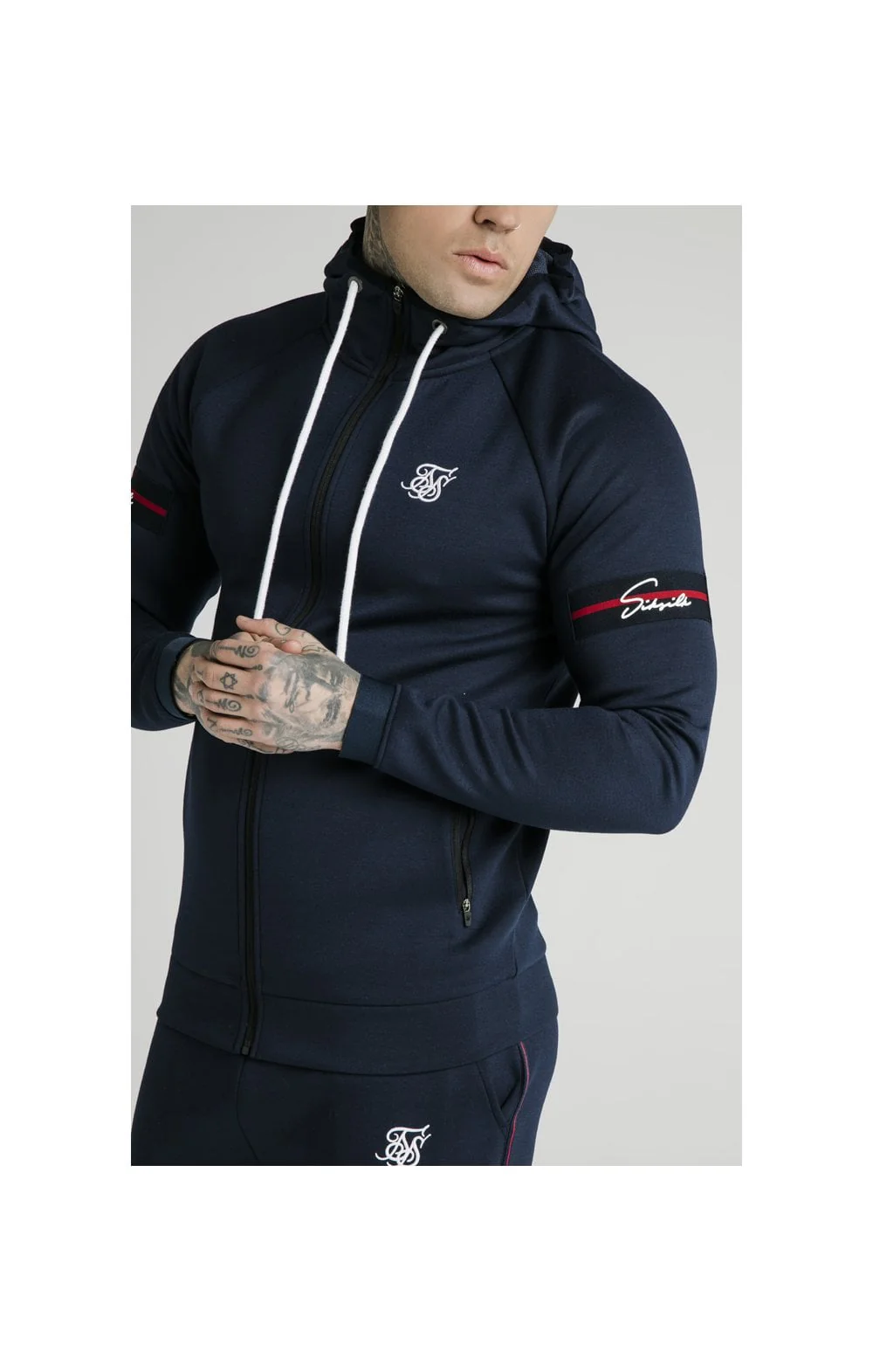 SikSilk Exposed Tape Zip Through Hoodie- Navy - Image 2