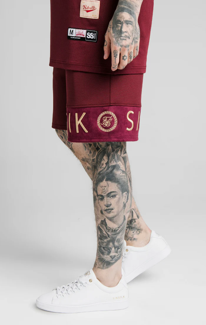 SikSilk Eyelet Panel Relaxed Fit Shorts - Burgundy & Gold - Image 2
