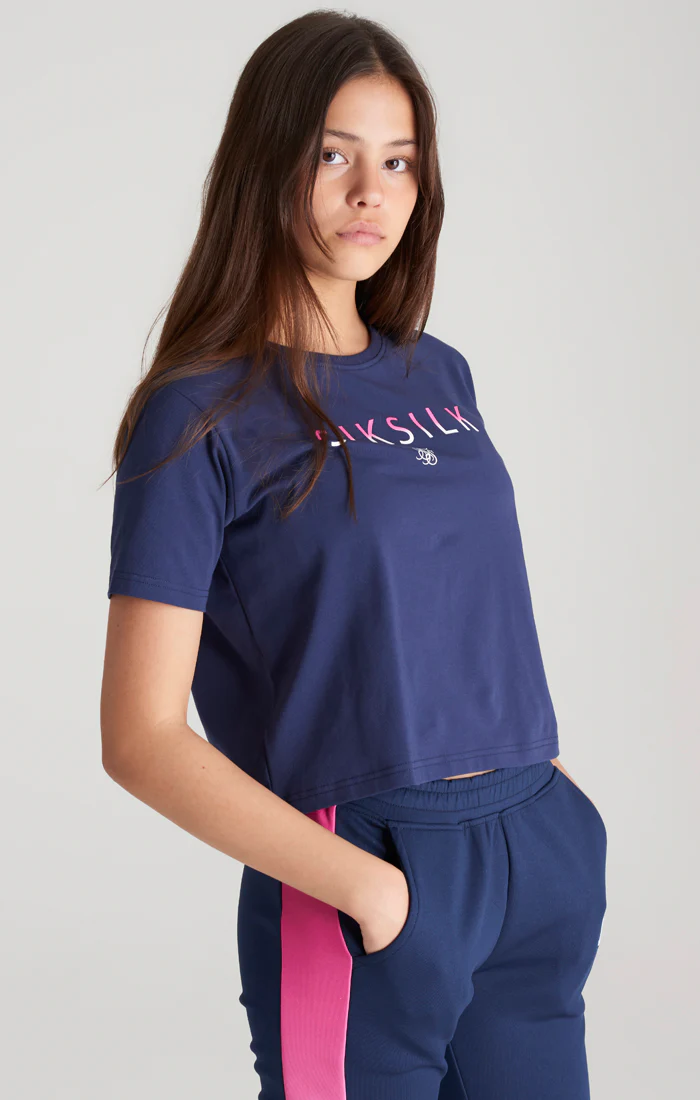 Girls Navy Fade Logo Cropped T-Shirt - Image 2