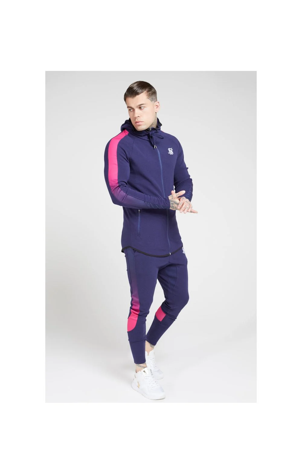 SikSilk Fade Panel Zip Through Hoodie – Navy & Neon Fade - Image 3