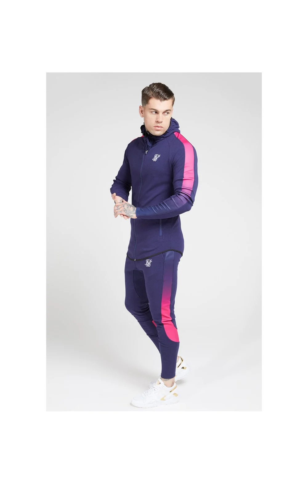 SikSilk Fade Panel Zip Through Hoodie – Navy & Neon Fade - Image 4