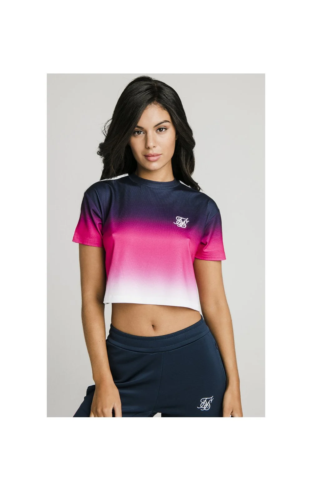 SikSilk Fade Tape Crop Tee - Navy,Pink & White