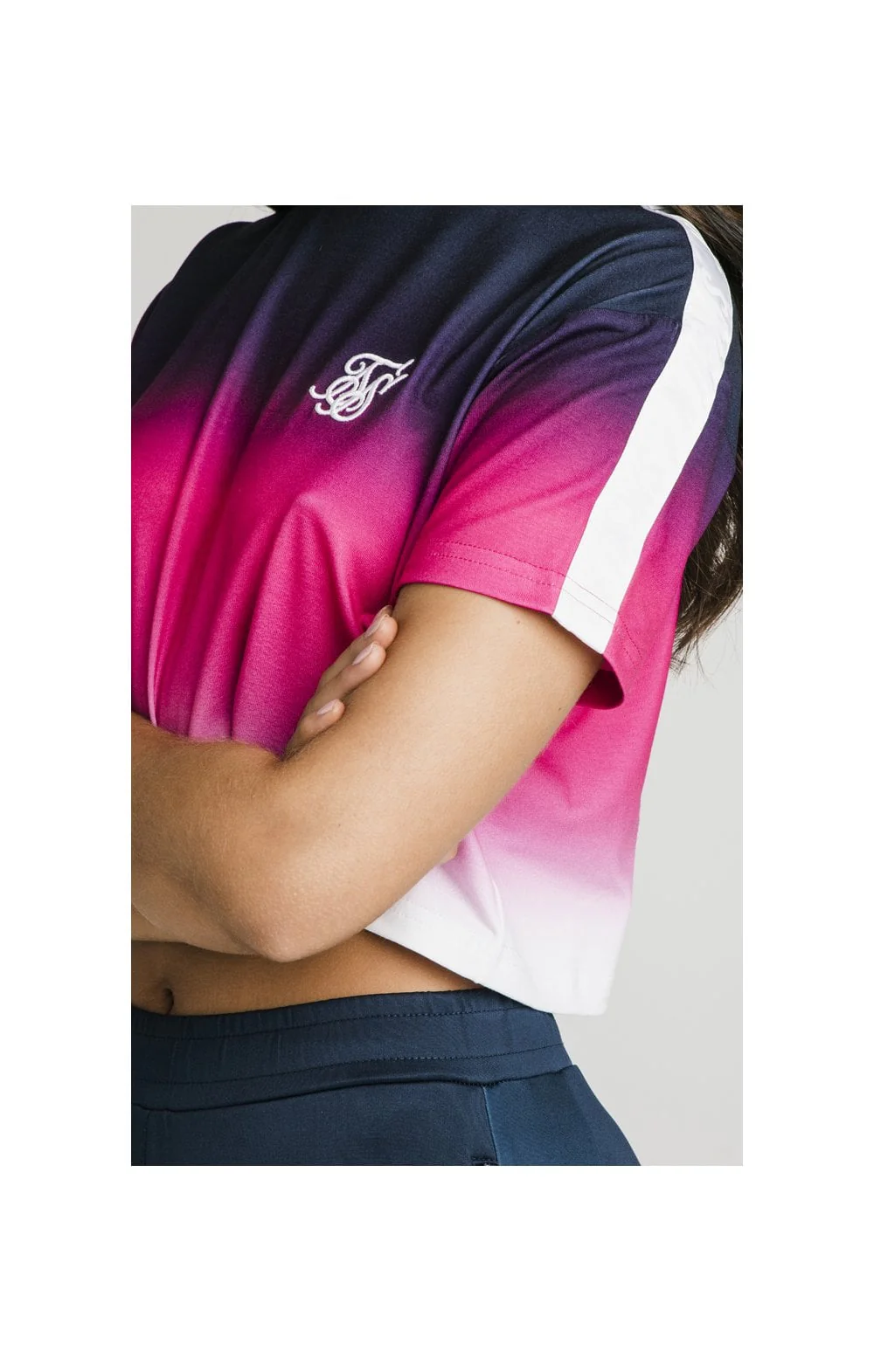SikSilk Fade Tape Crop Tee - Navy,Pink & White - Image 2