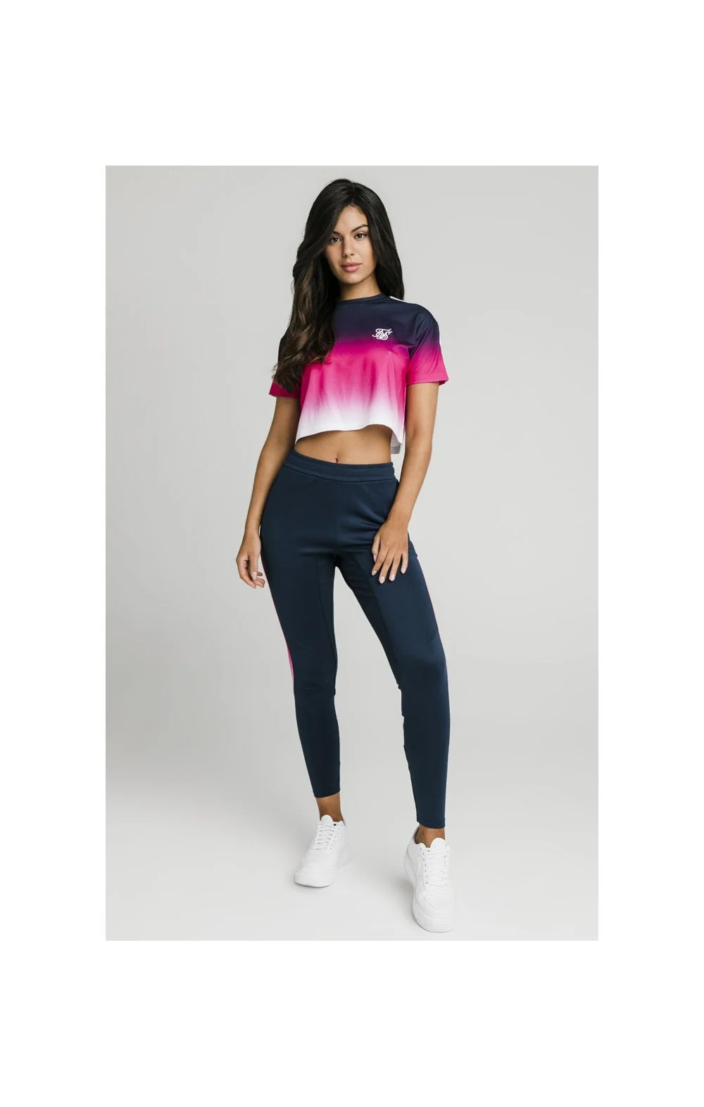 SikSilk Fade Tape Crop Tee - Navy,Pink & White - Image 3