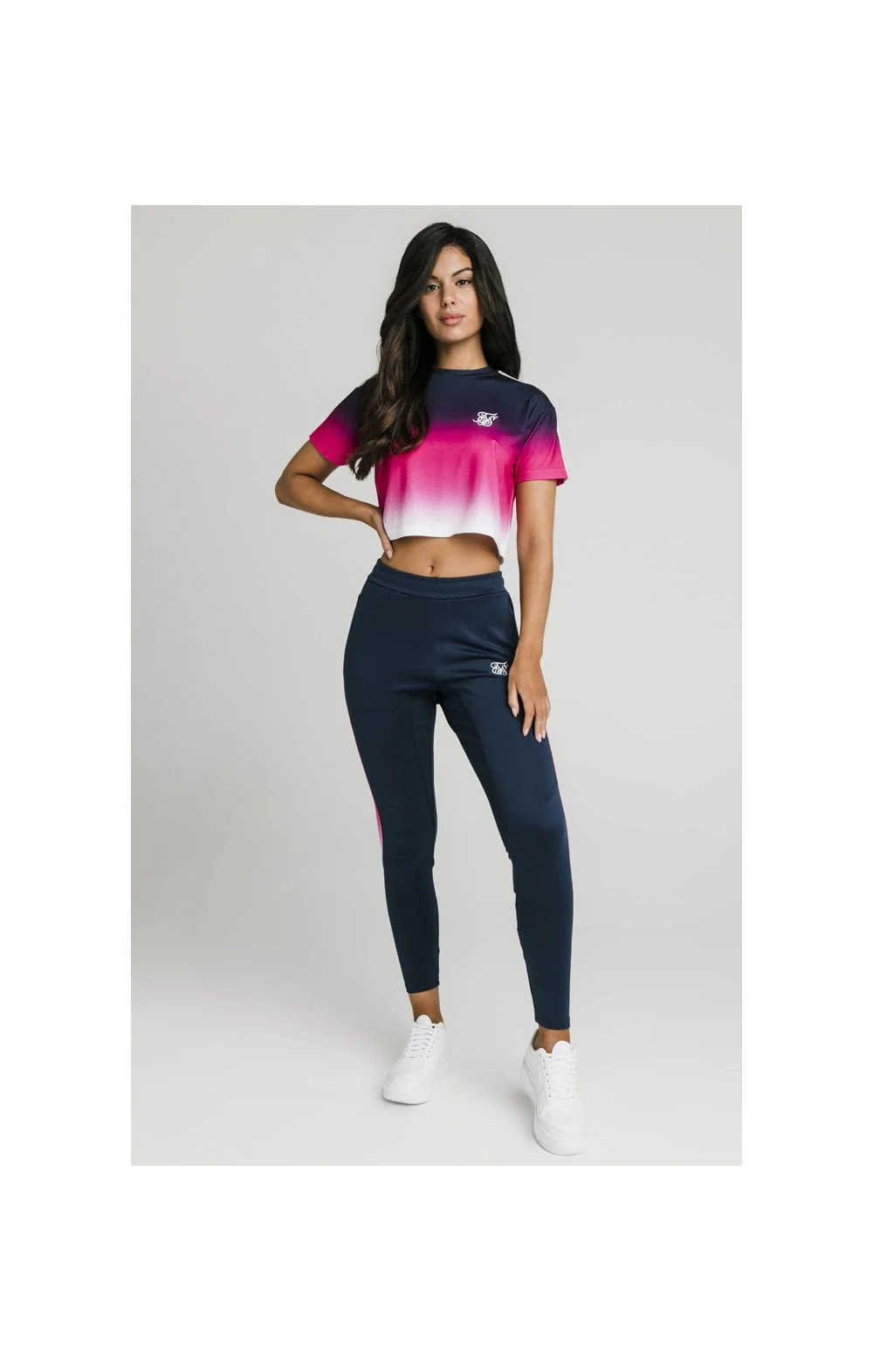SikSilk Fade Tape Crop Tee - Navy,Pink & White - Image 4