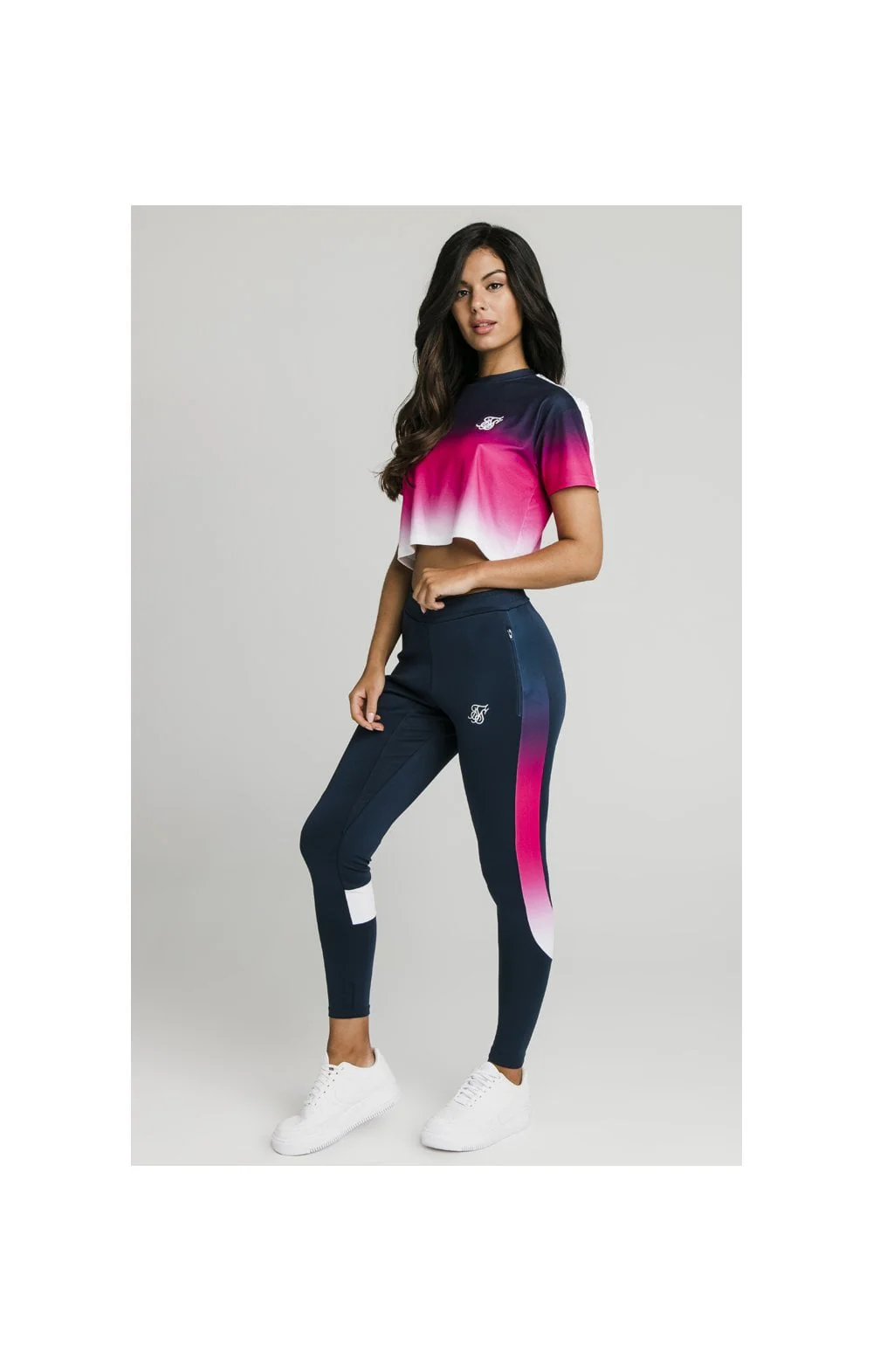 SikSilk Fade Tape Crop Tee - Navy,Pink & White - Image 5
