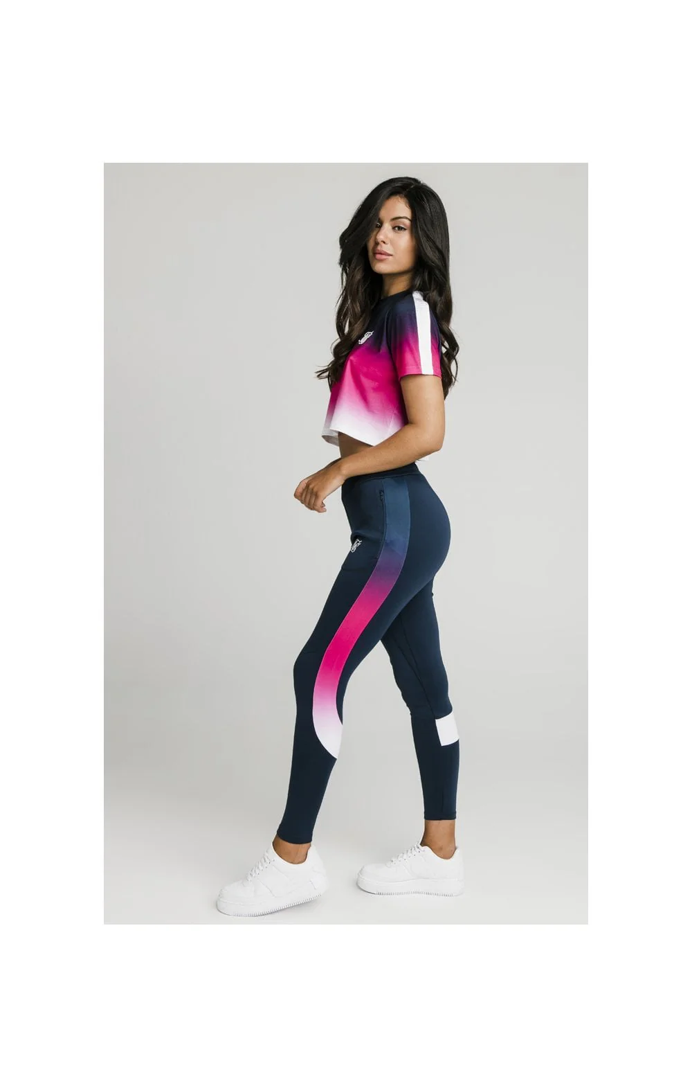 SikSilk Fade Tape Crop Tee - Navy,Pink & White - Image 6