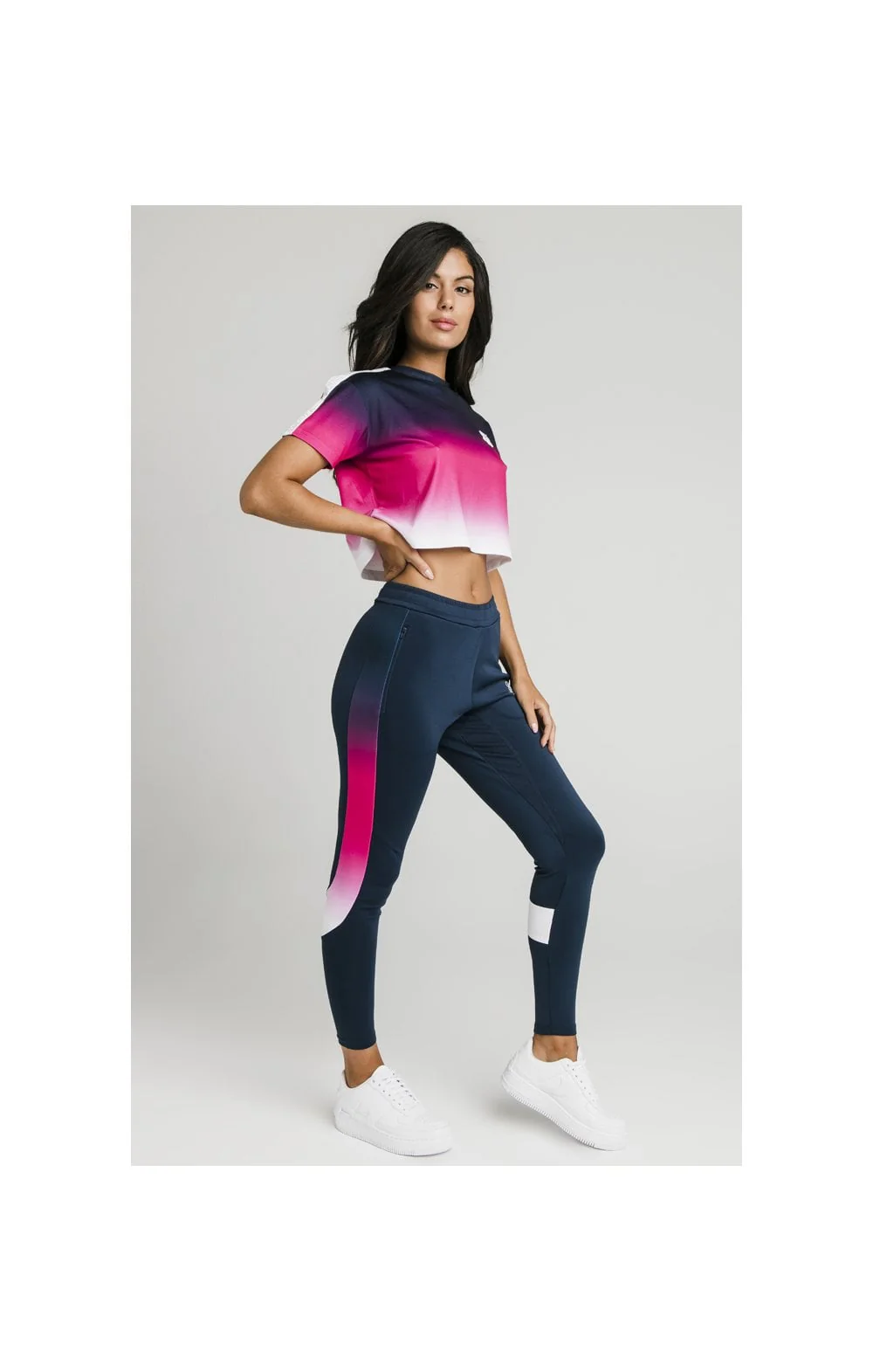 SikSilk Fade Tape Crop Tee - Navy,Pink & White - Image 7