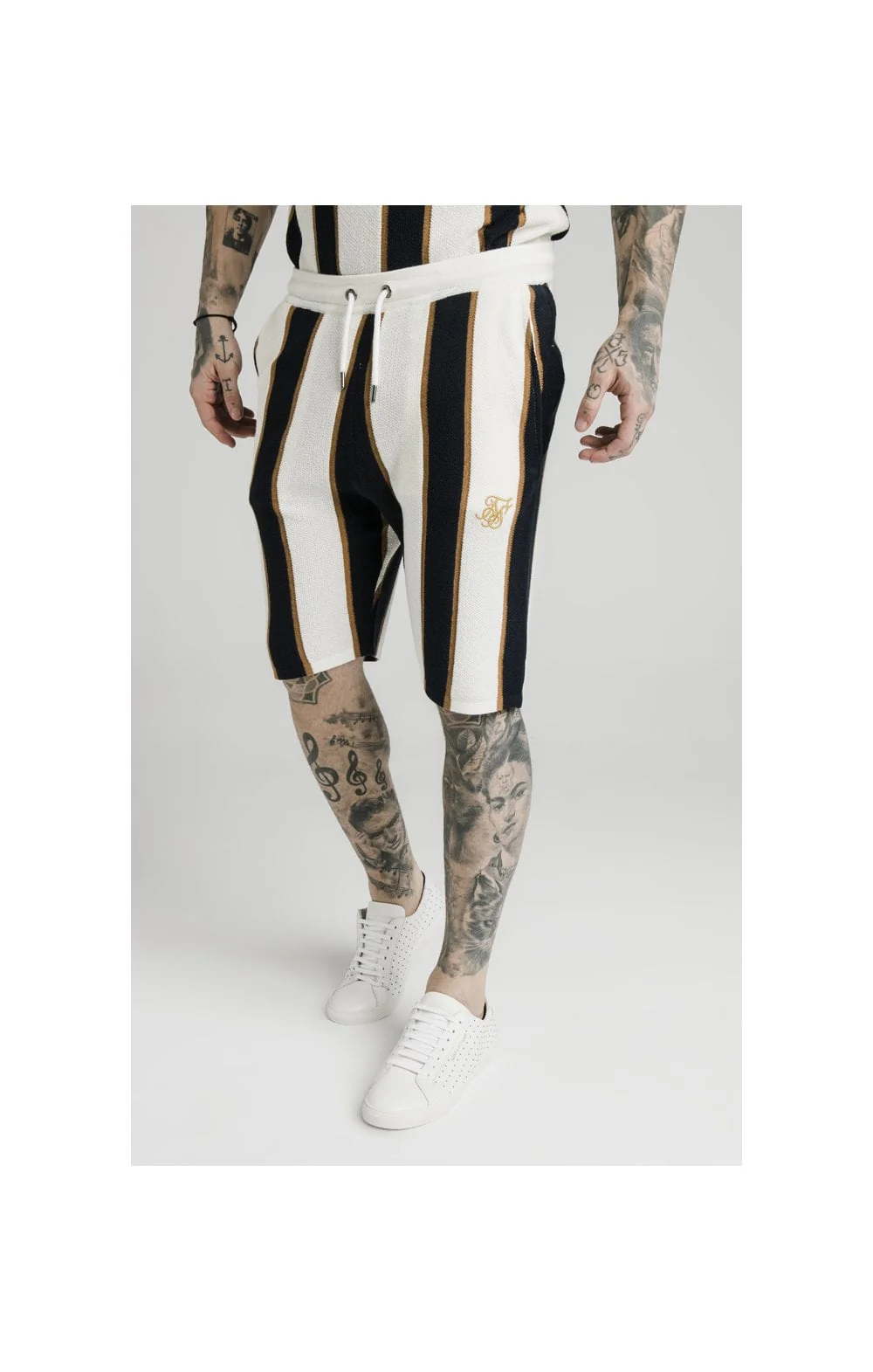 SikSilk Fitted Knit Shorts Off - White,Navy & Gold