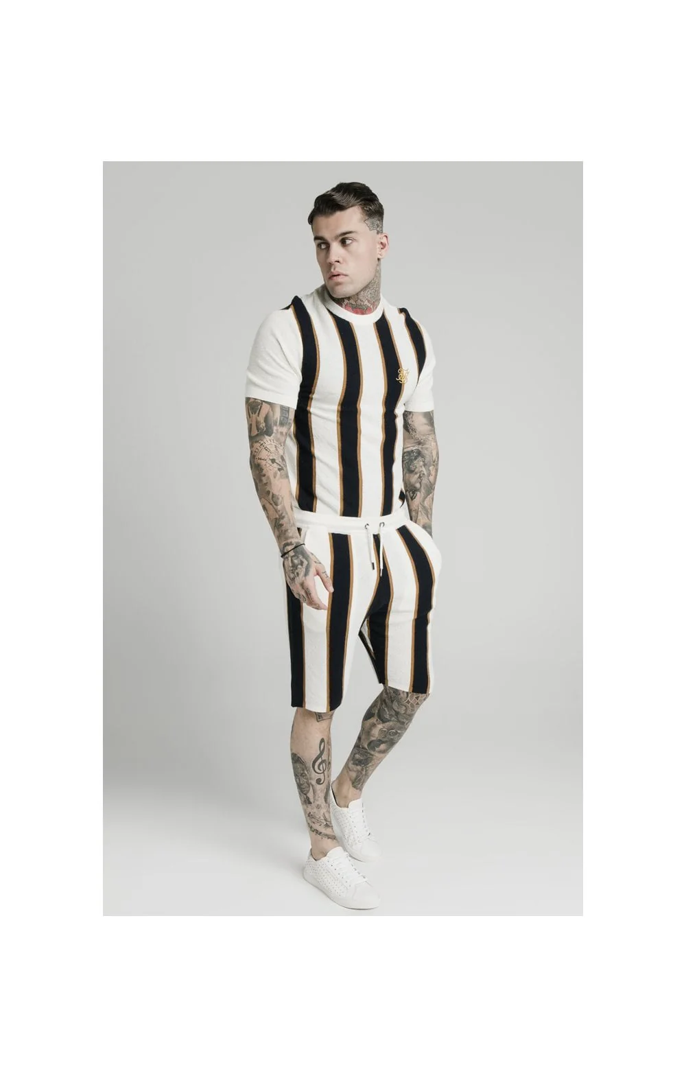 SikSilk Fitted Knit Shorts Off - White,Navy & Gold - Image 3