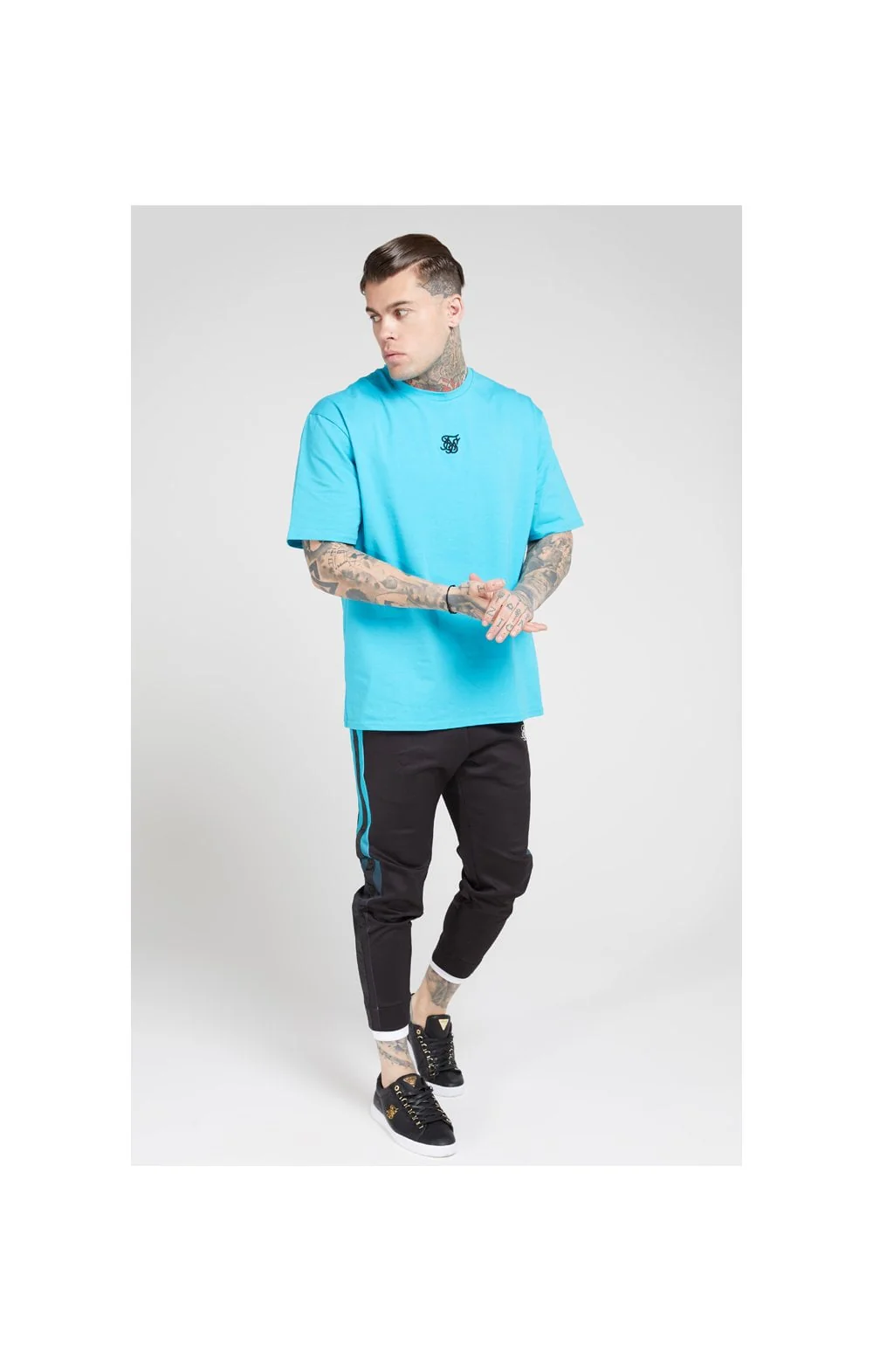 SikSilk Fitted Tape Track Pants – Black & Teal - Image 3