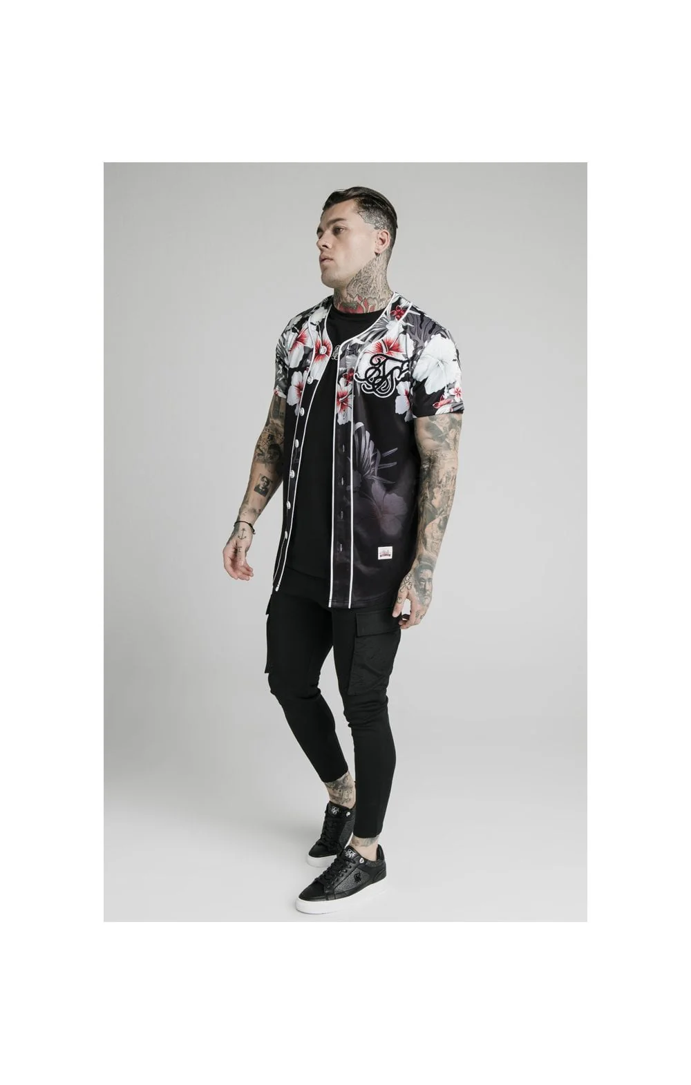 SikSilk Floral Baseball Jersey - Black - Image 4