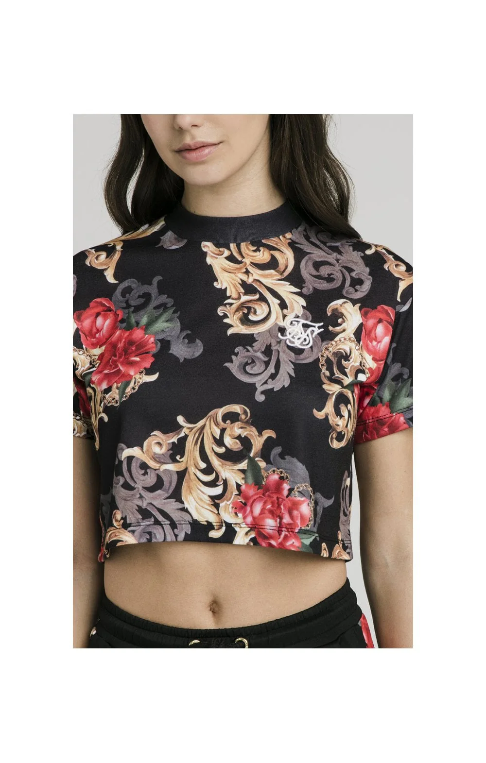 SikSilk Floral Elegance Crop Tee - Black