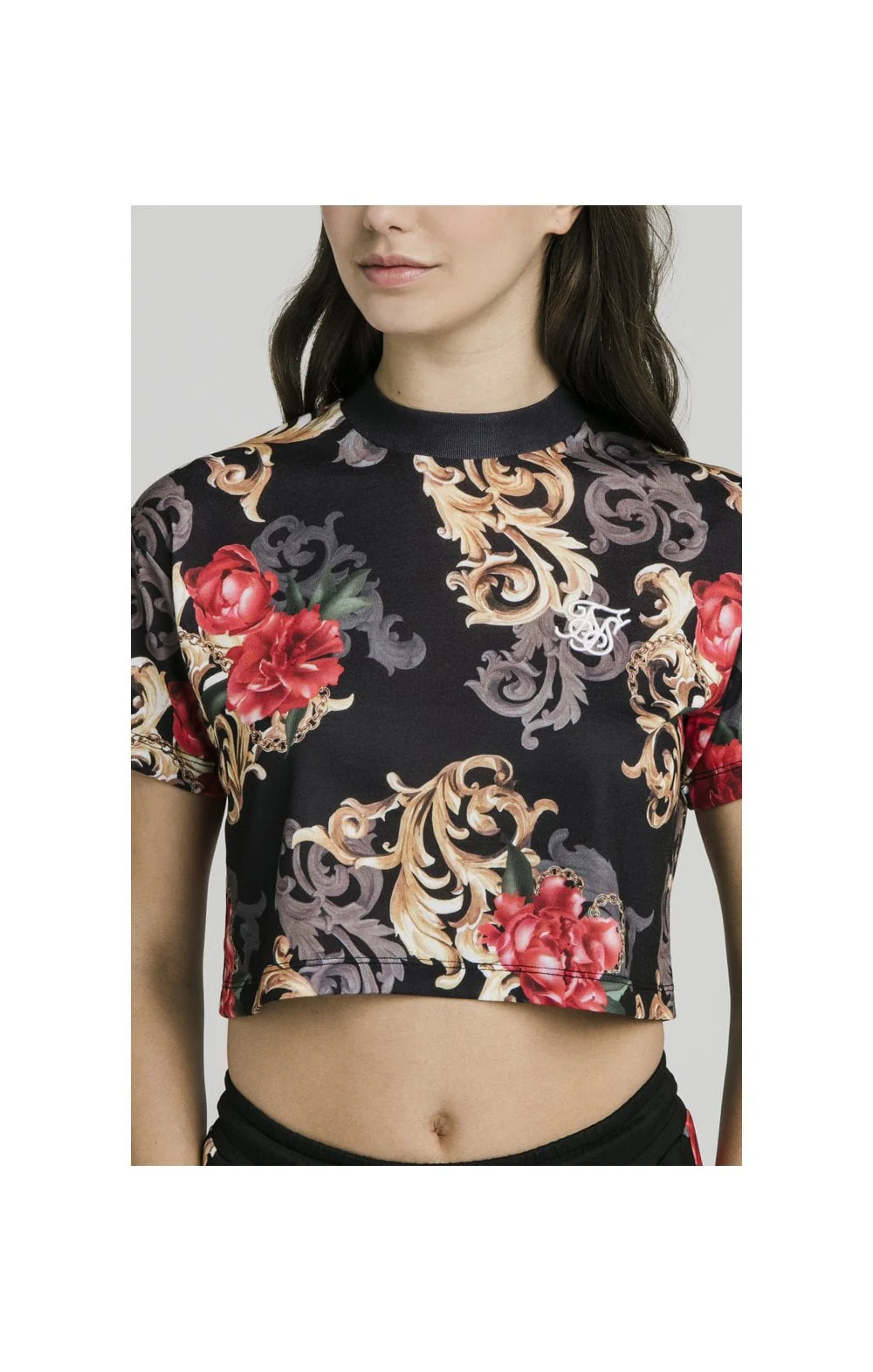 SikSilk Floral Elegance Crop Tee - Black - Image 2