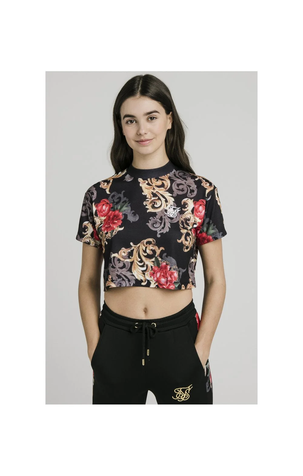 SikSilk Floral Elegance Crop Tee - Black - Image 3
