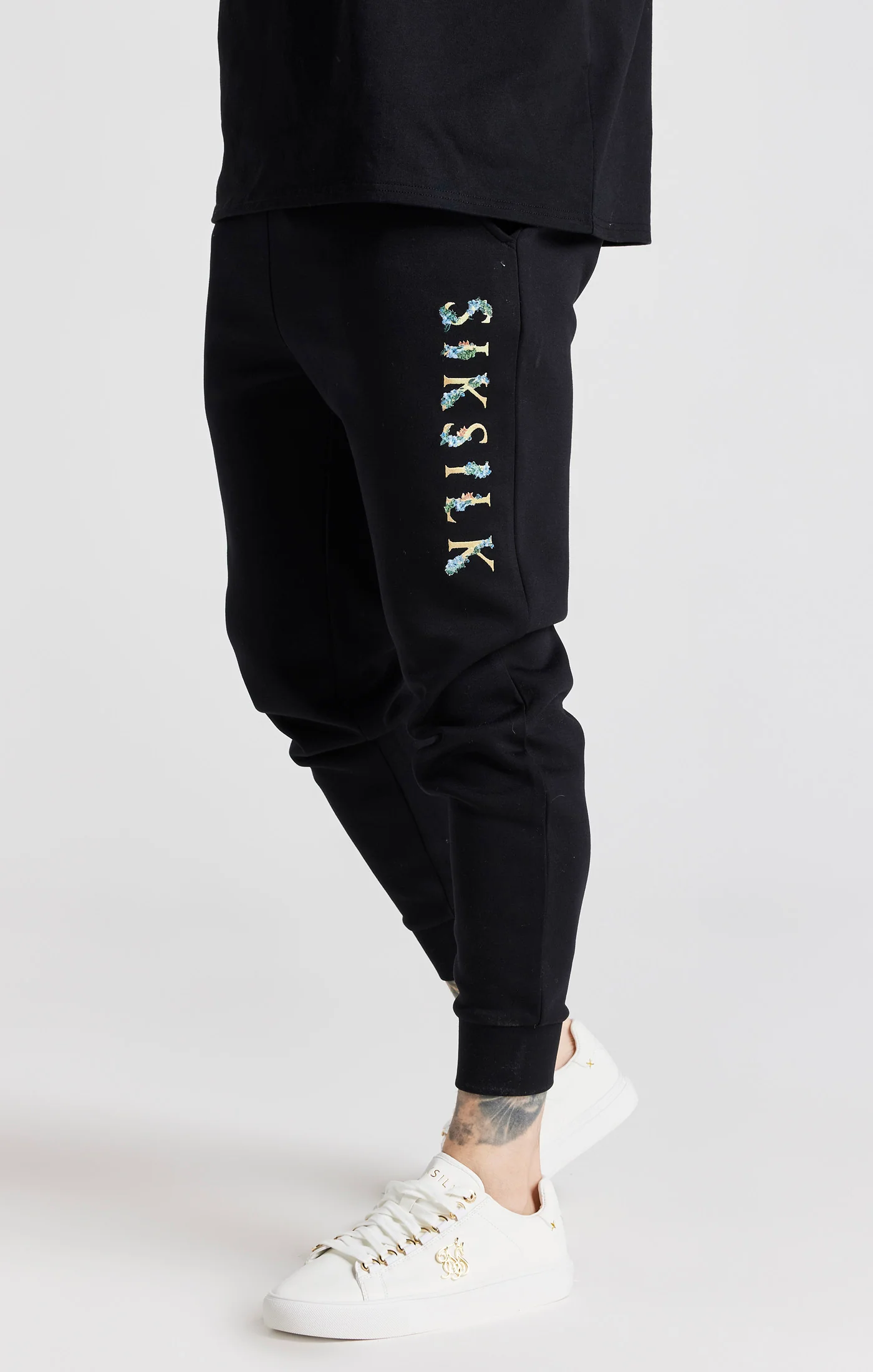 Black Floral Embroidered Cuffed Track Pant