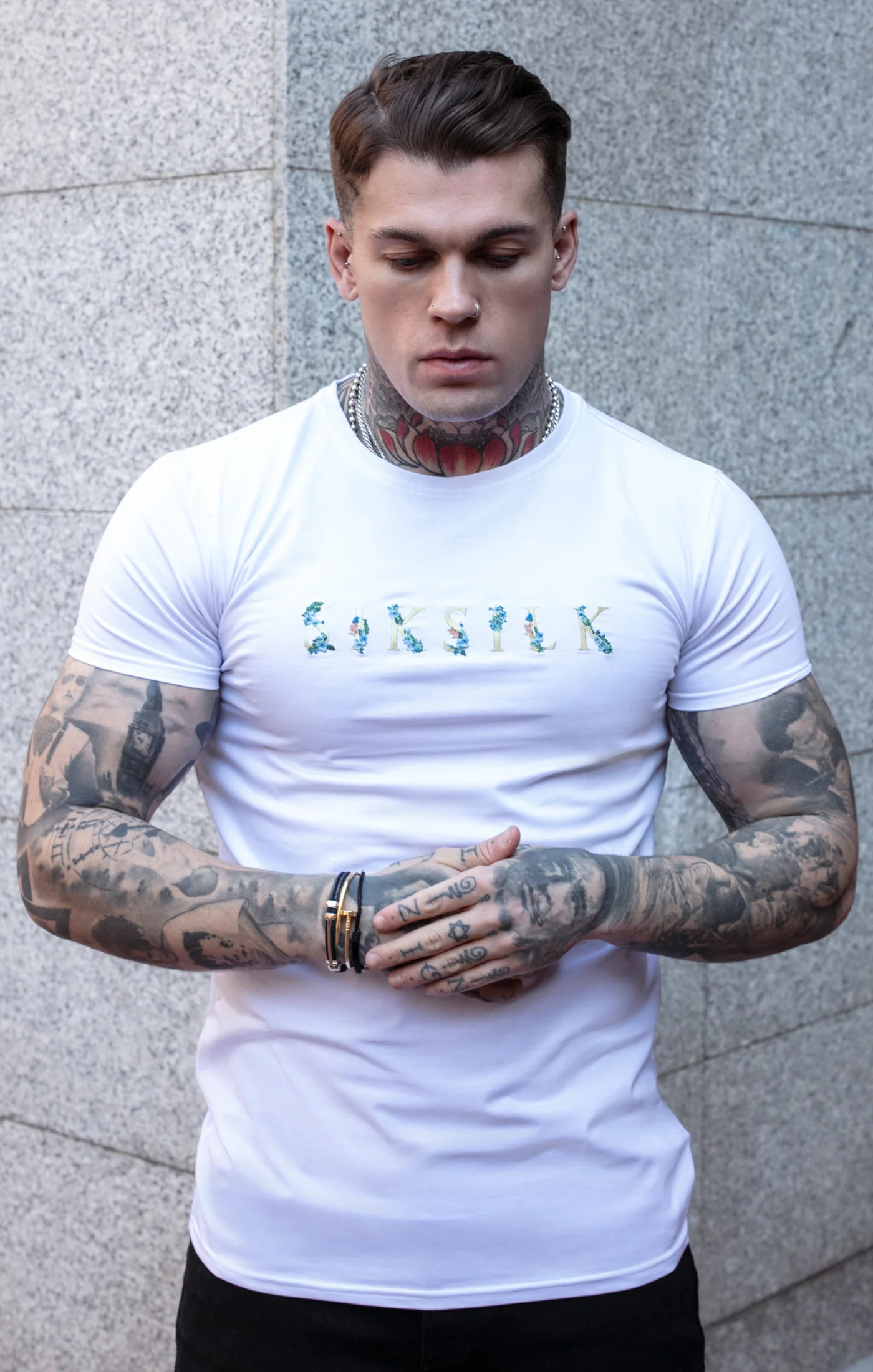 White Floral Embroidered Muscle Fit T-Shirt