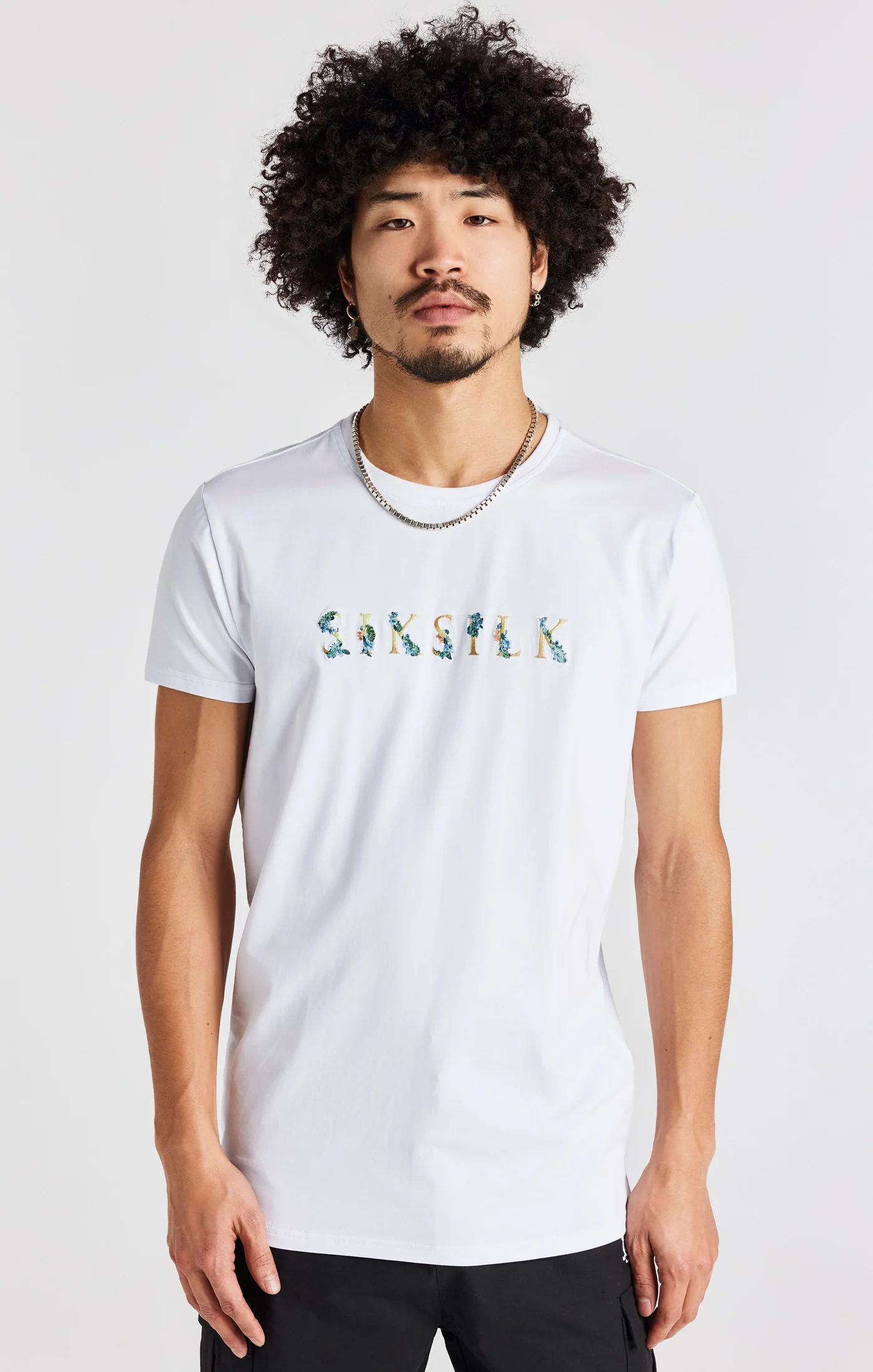 White Floral Embroidered Muscle Fit T-Shirt - Image 2