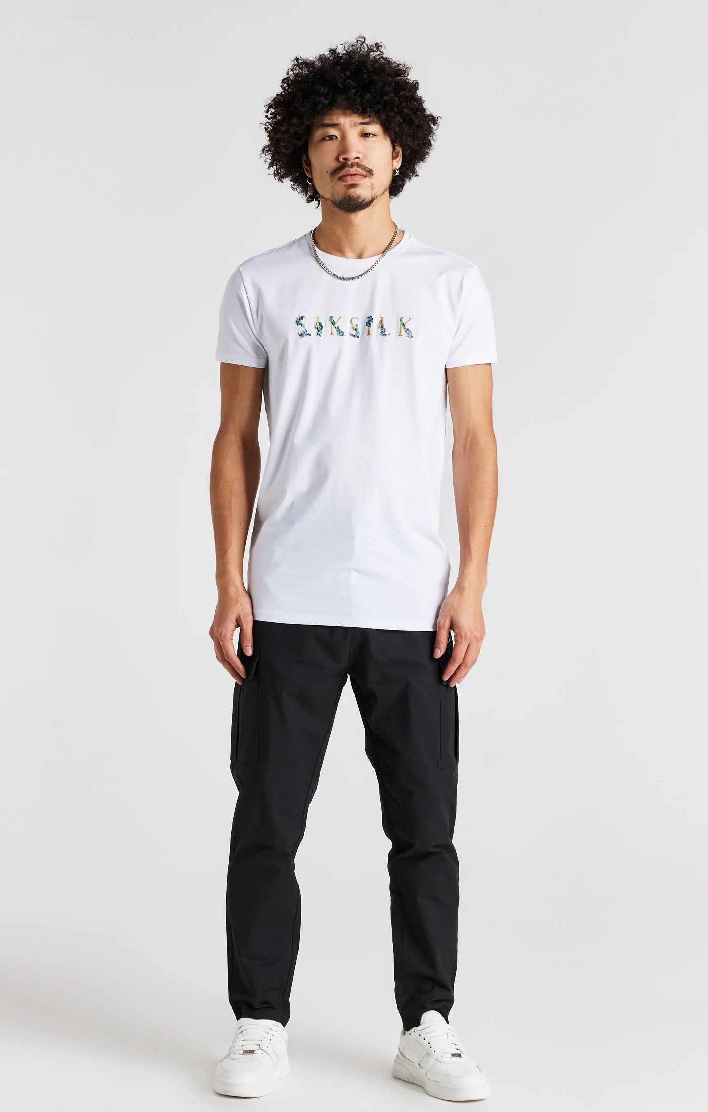 White Floral Embroidered Muscle Fit T-Shirt - Image 4