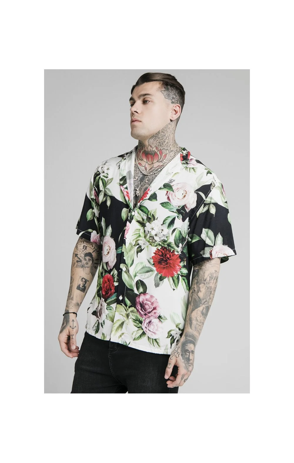 SikSilk Floral Pixel High Collar Resort Shirt - Black & Floral Pixel - Image 3