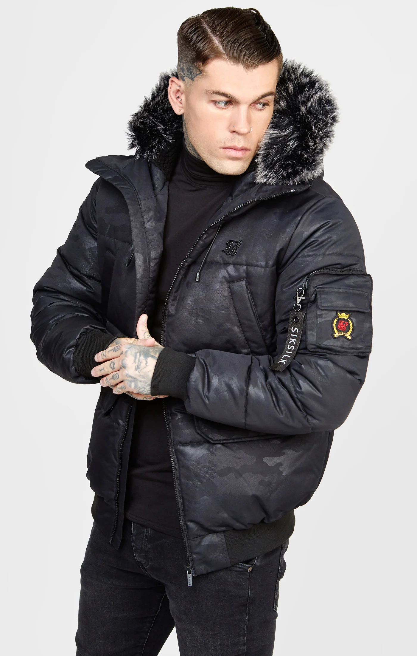 Black Gloss Camouflage Bomber Jacket