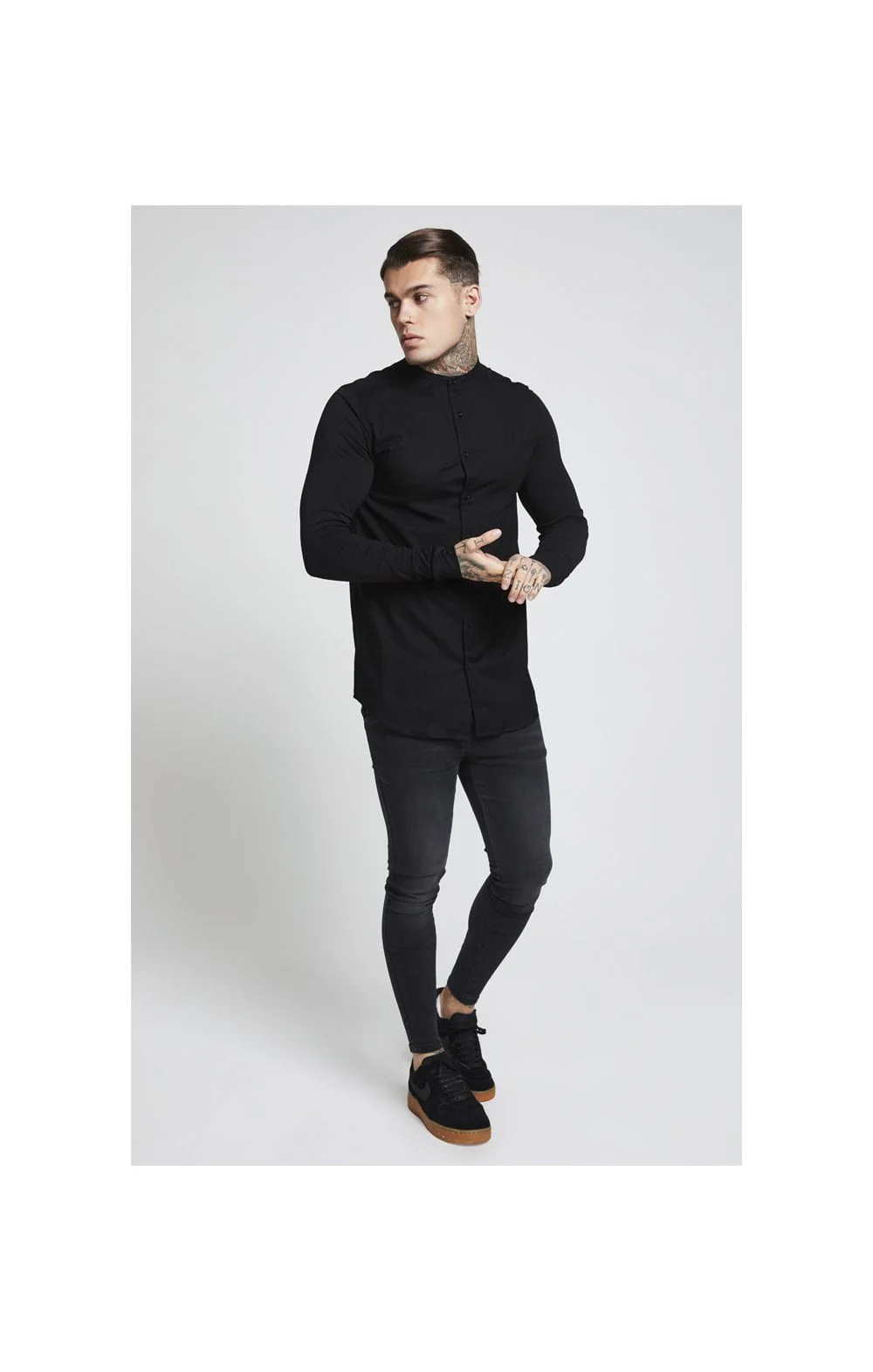 Black Essential Grandad Collar Shirt - Image 3