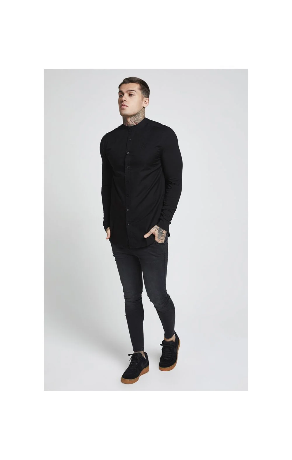 Black Essential Grandad Collar Shirt - Image 4