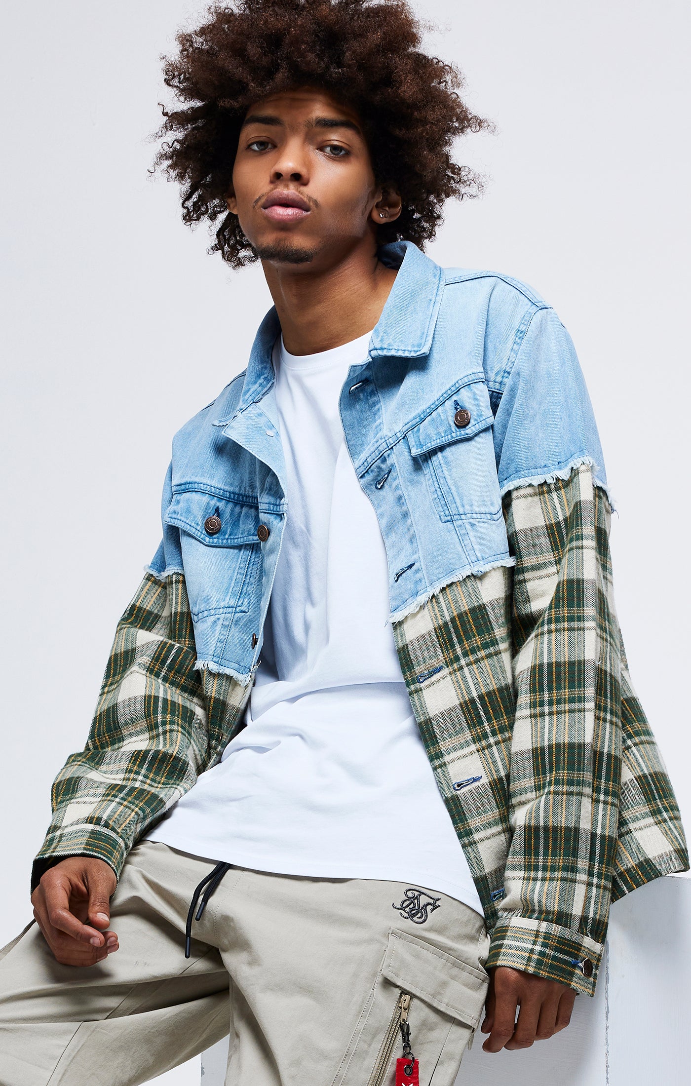 Green Plaid Contrast Denim Jacket