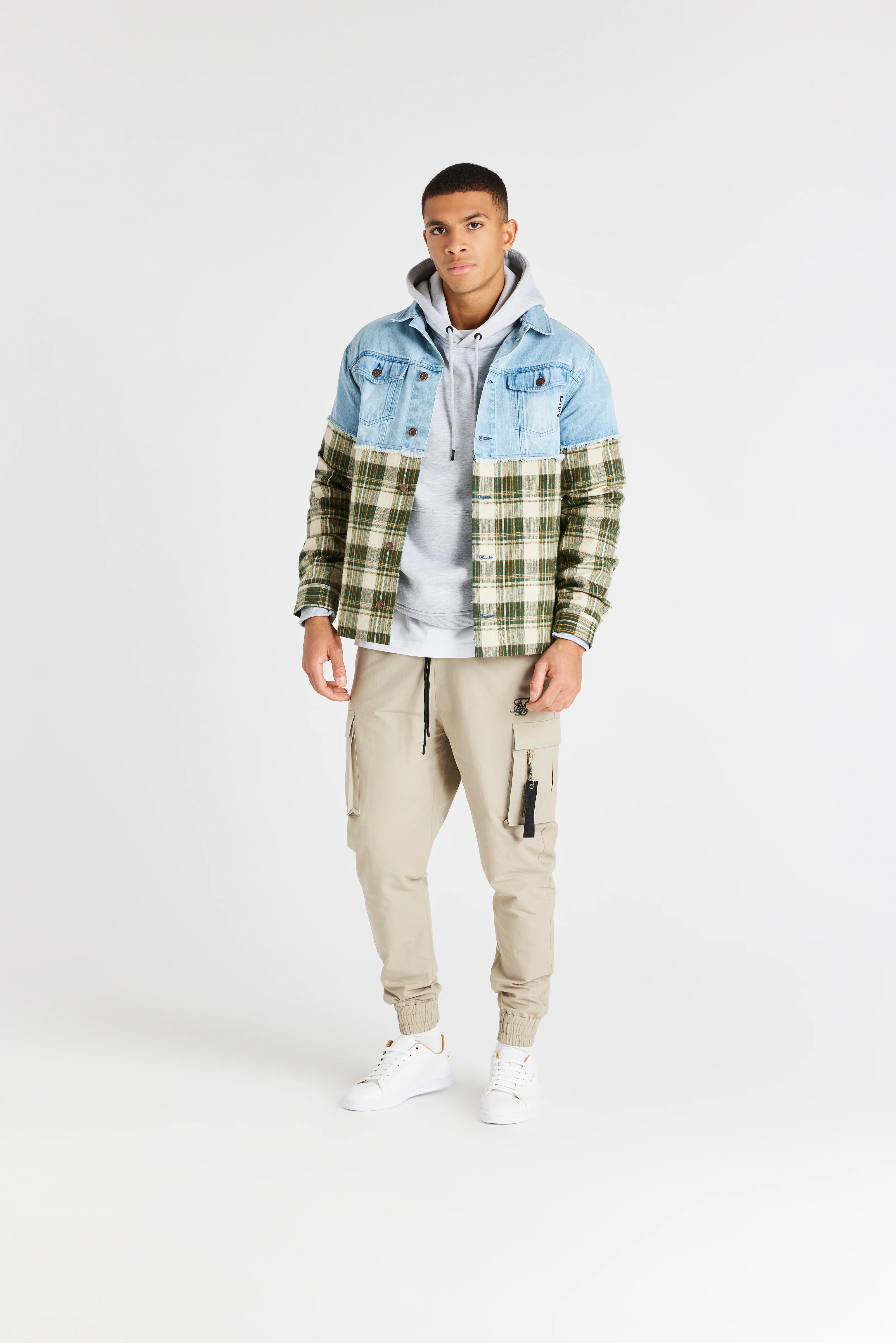 Green Plaid Contrast Denim Jacket - Image 2