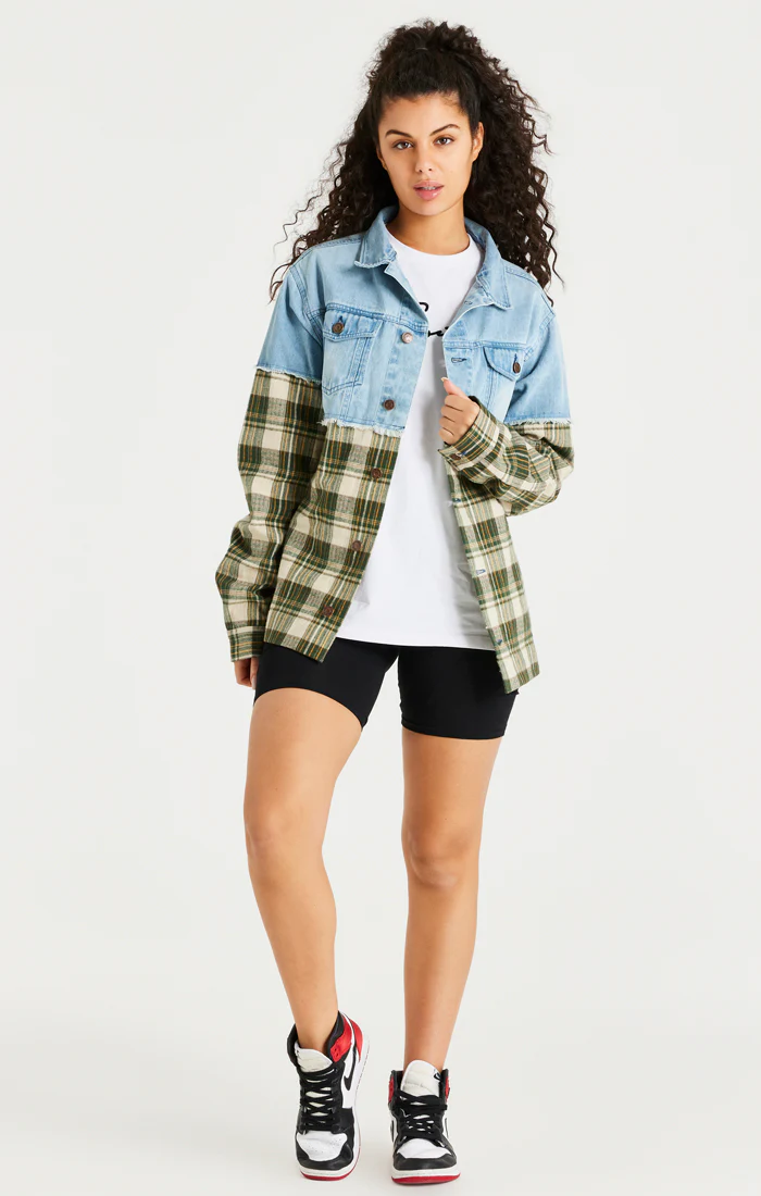 Green Plaid Contrast Denim Jacket - Image 3