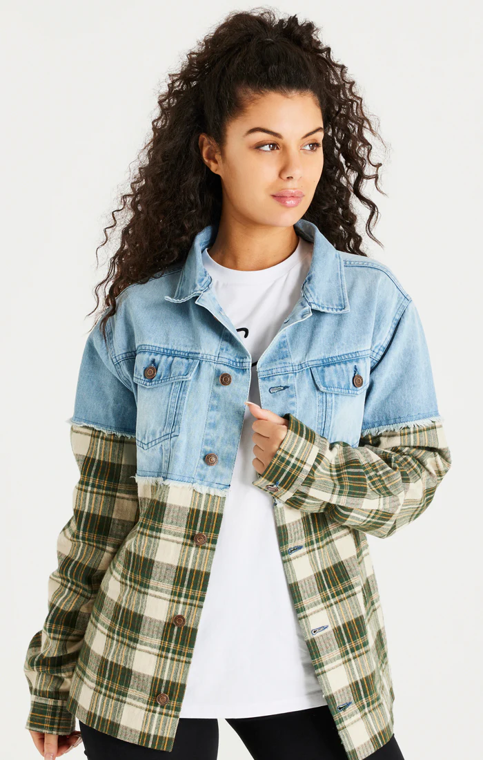 Green Plaid Contrast Denim Jacket - Image 4