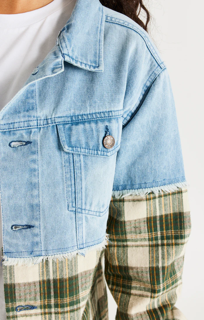 Green Plaid Contrast Denim Jacket - Image 5