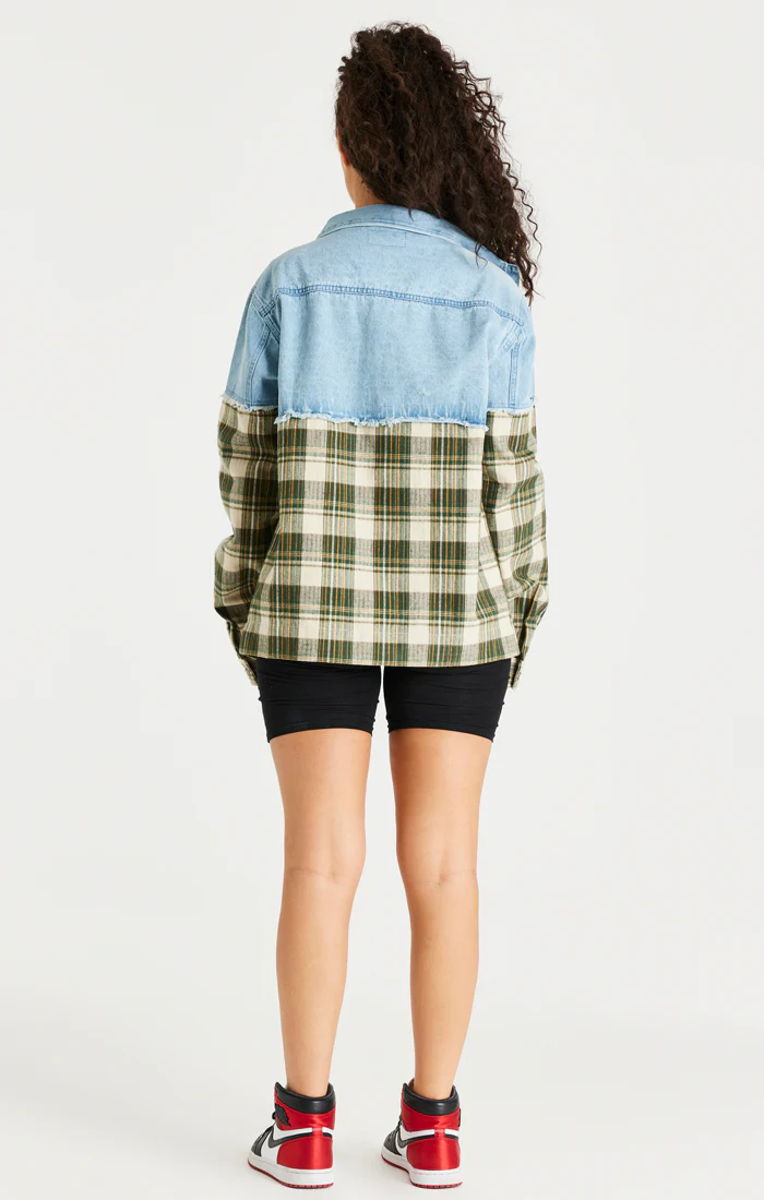 Green Plaid Contrast Denim Jacket - Image 7
