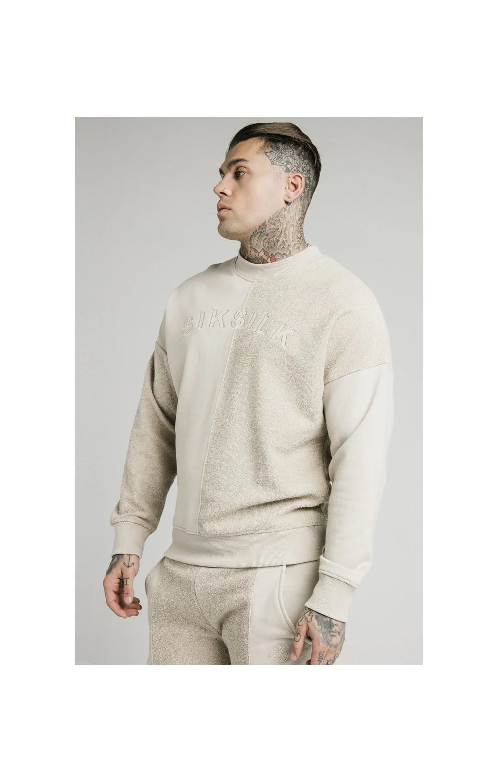 SikSilk Half & Half Crew Sweater - Stone - Image 3