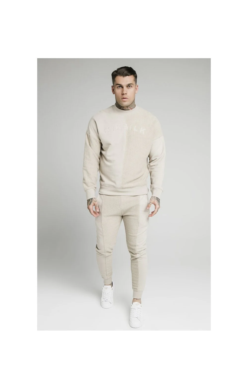 SikSilk Half & Half Crew Sweater - Stone - Image 4