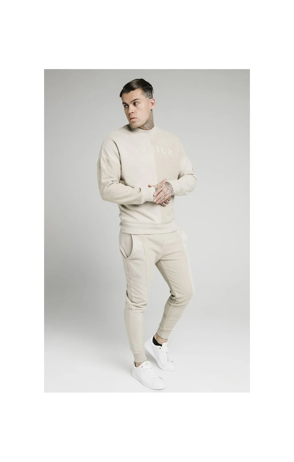 SikSilk Half & Half Crew Sweater - Stone - Image 5