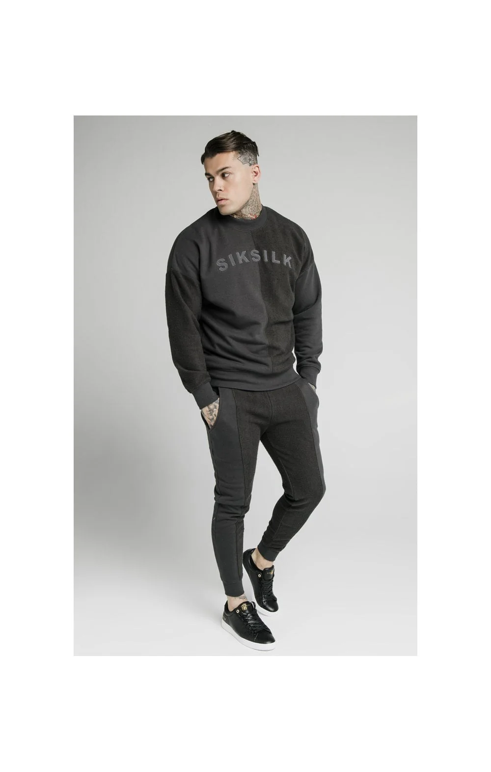 SikSilk Half & Half Crew Sweater – Washed Grey - Image 5