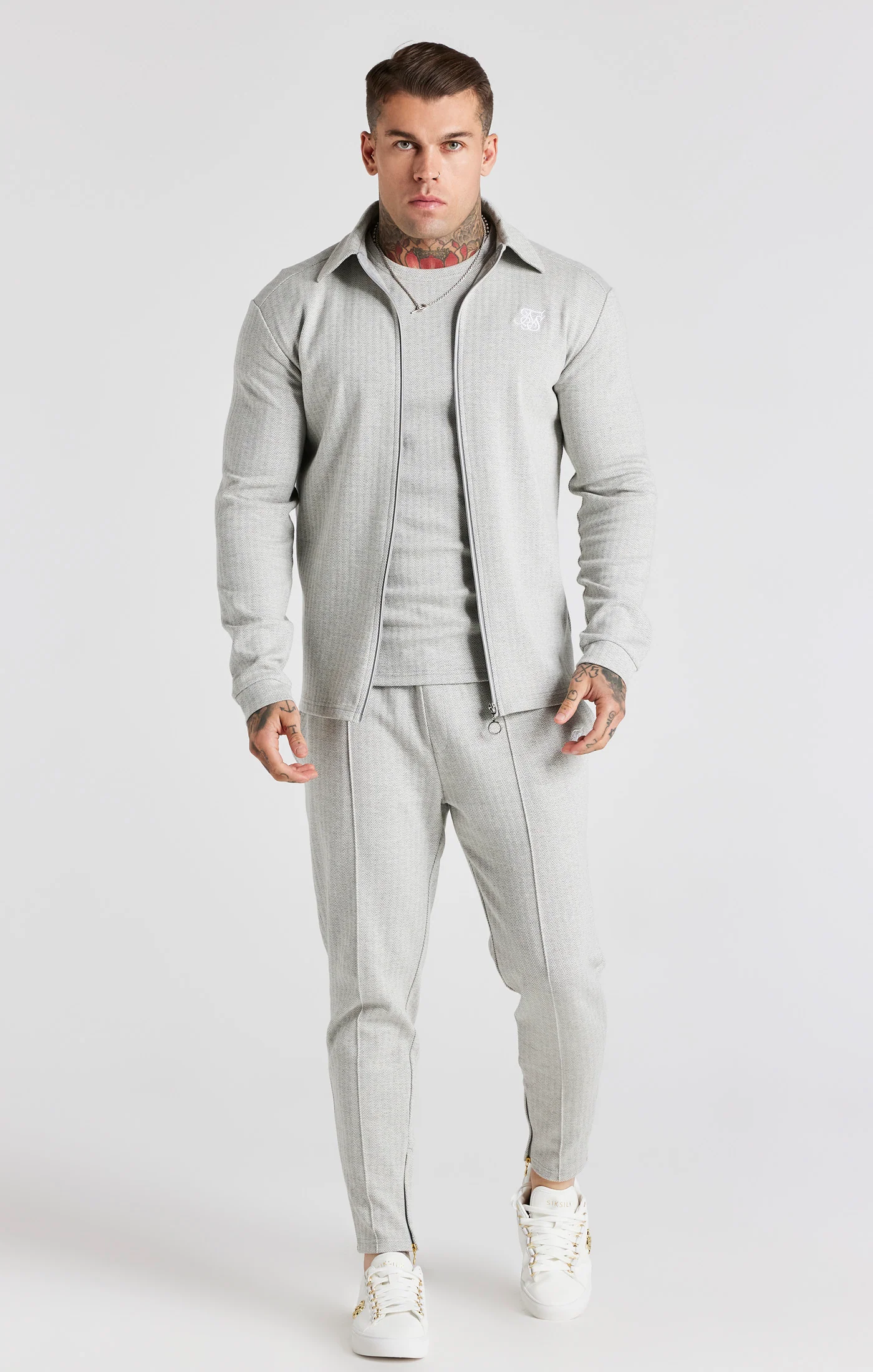 Grey Herringbone Zip Thru Shirt - Image 3