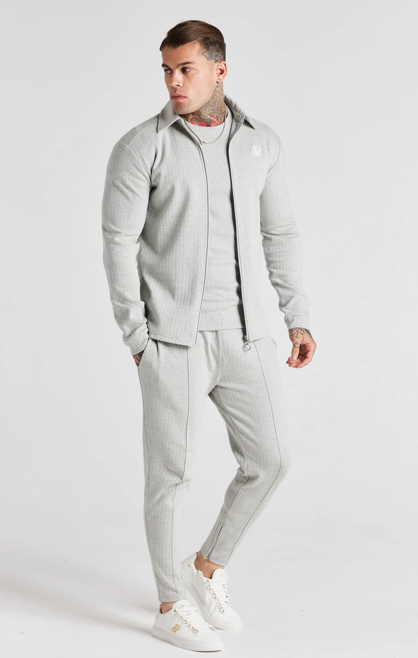 Grey Herringbone Zip Thru Shirt - Image 4