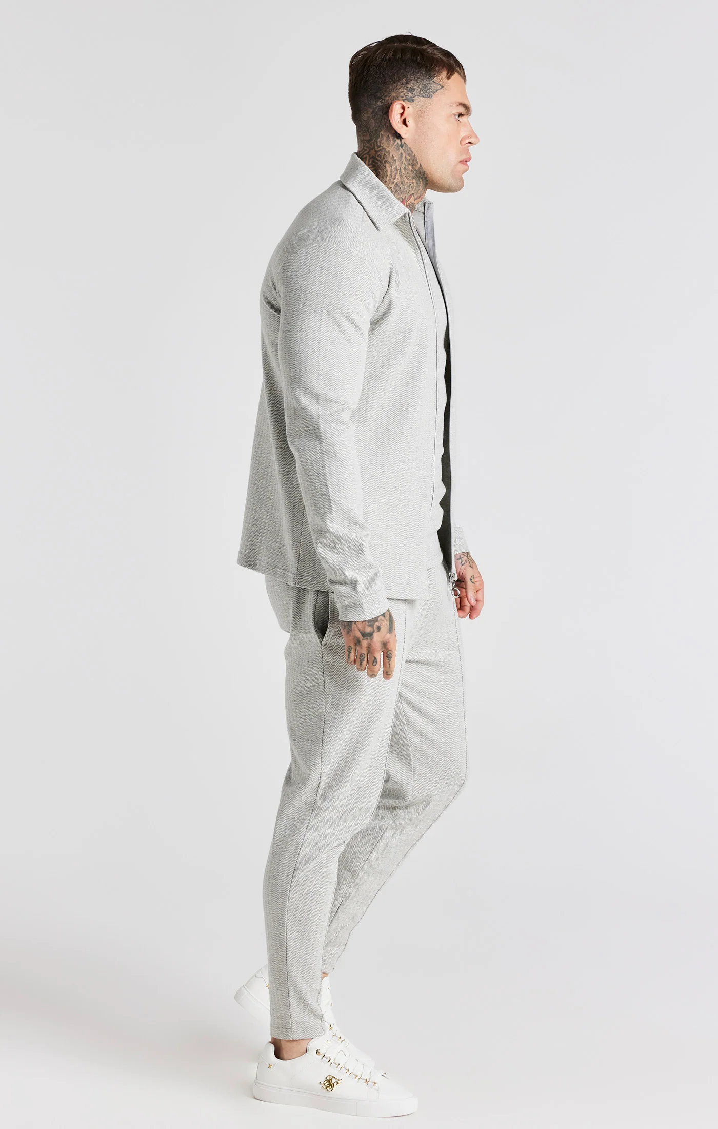 Grey Herringbone Zip Thru Shirt - Image 5