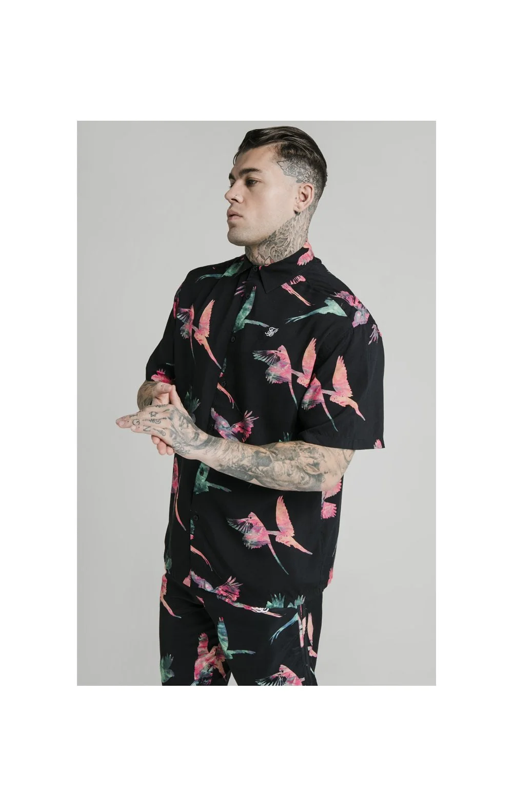 SikSilk High Collar Resort Shirt - Black,Teal & Pink