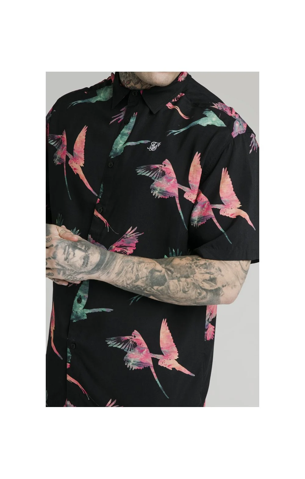 SikSilk High Collar Resort Shirt - Black,Teal & Pink - Image 2