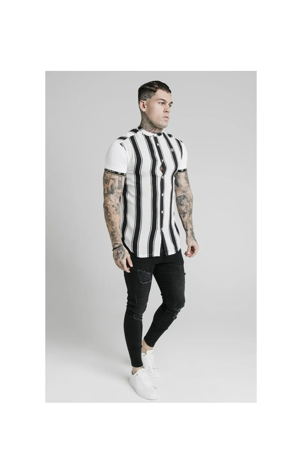 SikSilk High Collar Resort Shirt - Black & White - Image 3
