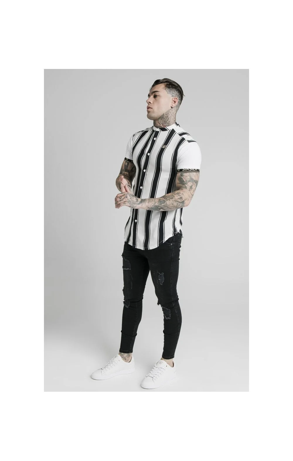 SikSilk High Collar Resort Shirt - Black & White - Image 4