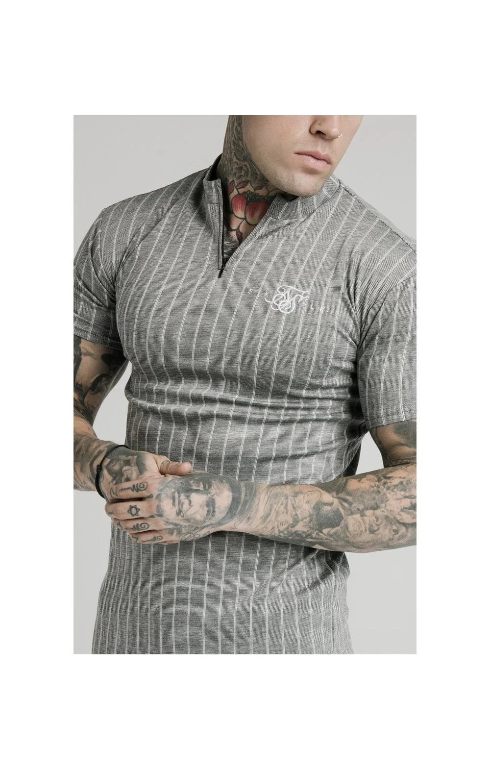 SikSilk High Collar Zip Polo - Grey Pin Stripe
