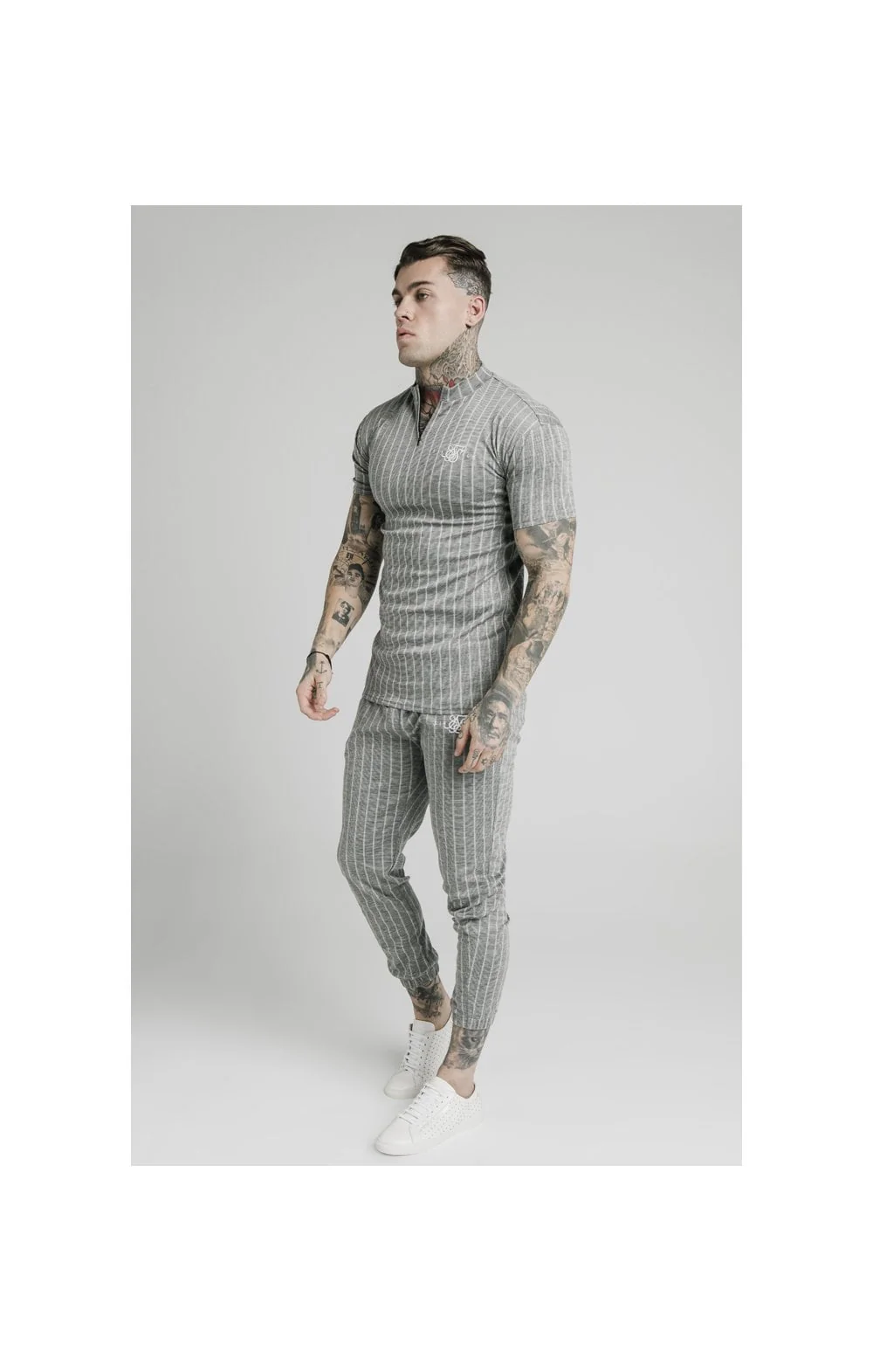 SikSilk High Collar Zip Polo - Grey Pin Stripe - Image 5