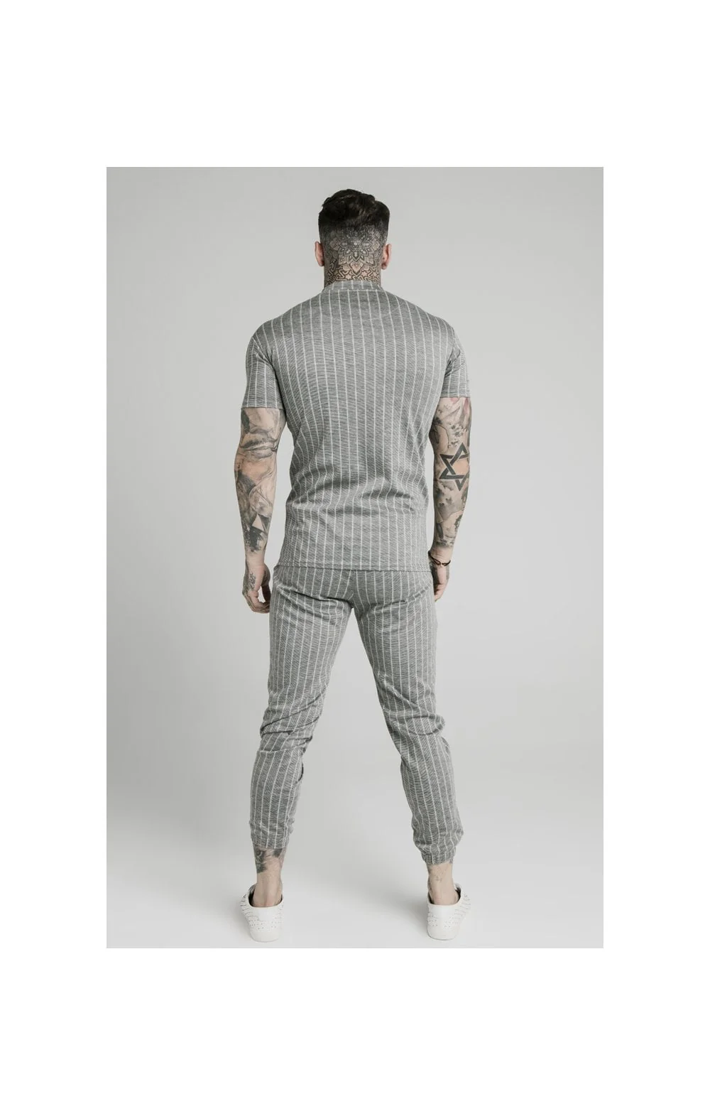 SikSilk High Collar Zip Polo - Grey Pin Stripe - Image 6