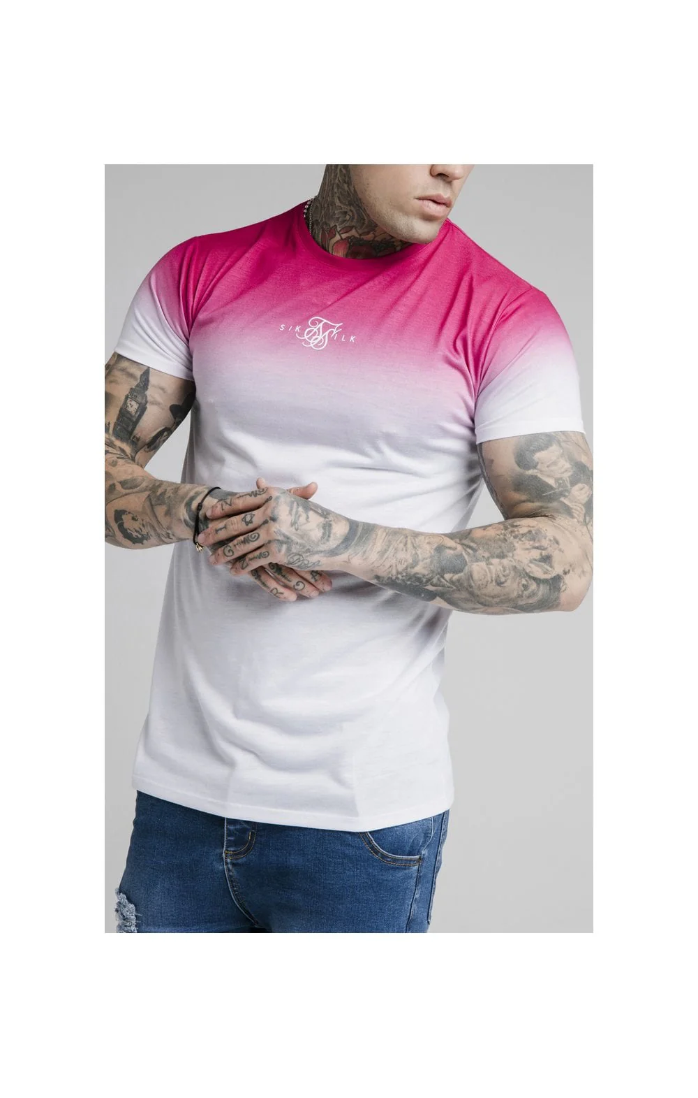 SikSilk High Fade Tee - Pink & White - Image 2