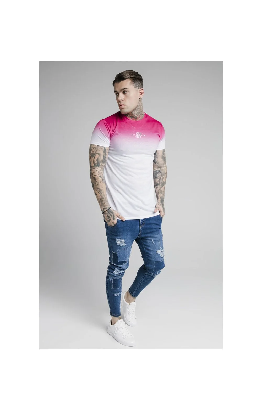 SikSilk High Fade Tee - Pink & White - Image 5